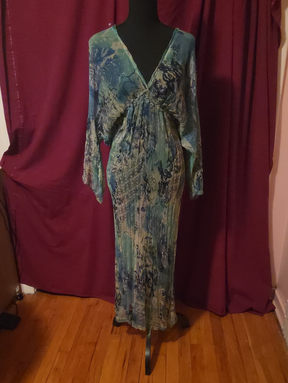 Teal and Blue Printed V-Neck Maxi Dress